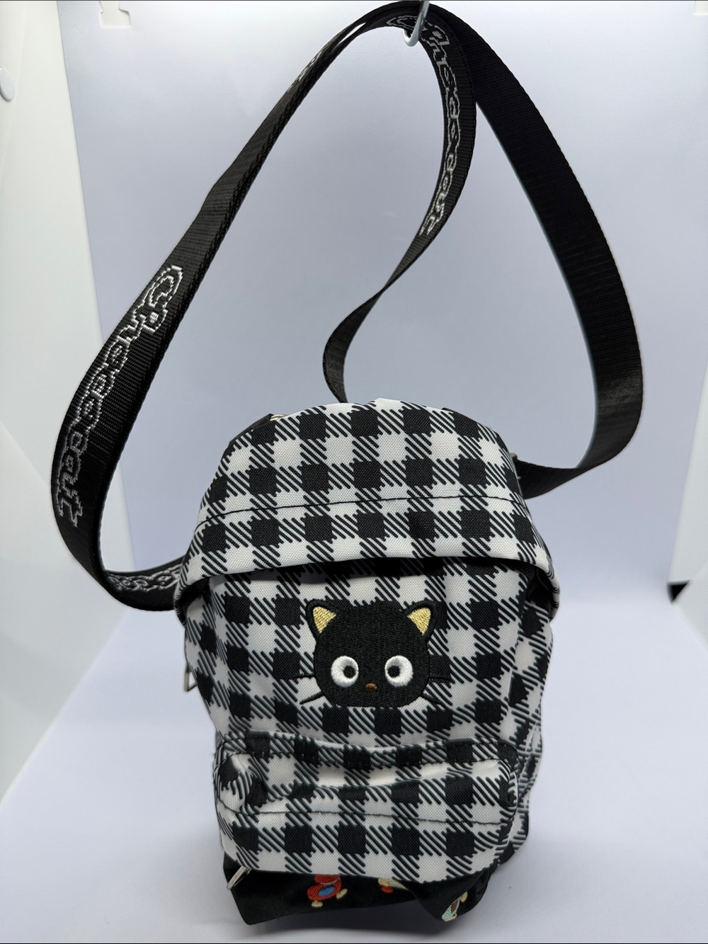 Sanrio Black & White Plaid Mini Backpack with Kuromi-style Cat Patch